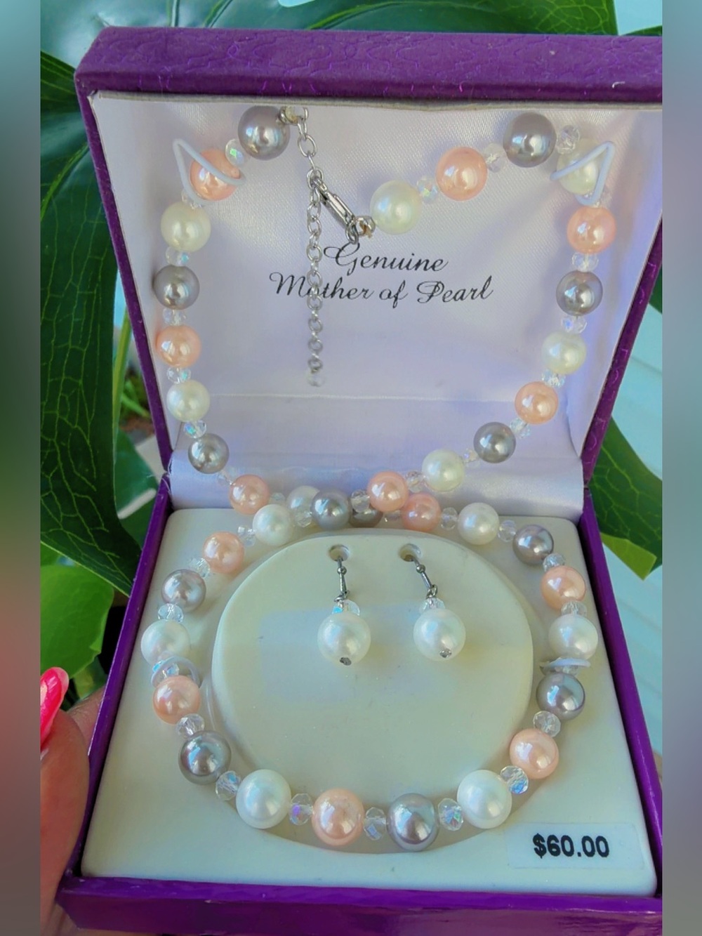 Mother of Pearl Peach, White & Gray Pearl Necklace with Matching Earrings